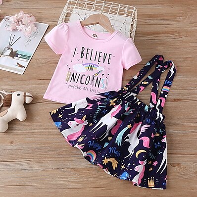 cheap Girls&#039; Clothing Sets-Kids Girls&#039; Clothing Set Short Sleeve 2 Pieces Blue Pink Yellow Print Letter Daily Wear Regular Active 2-6 Years