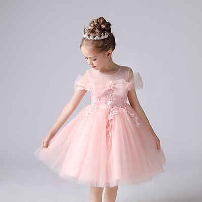 cheap Girls&#039; Clothing-Kids Little Girls&#039; Dress Solid Colored Birthday Party Festival Beaded Blushing Pink White Knee-length Short Sleeve Princess Cute Dresses Summer Children&#039;s Day Regular Fit 4-13 Years