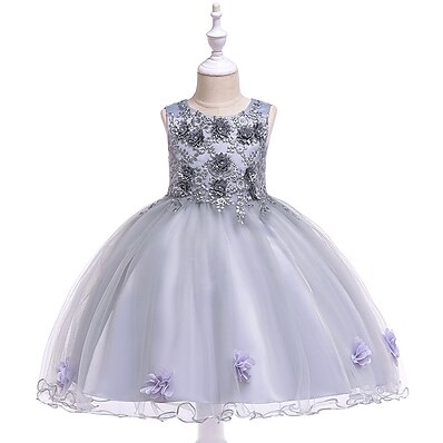 cheap Girls&#039; Clothing-Kids Little Girls&#039; Dress Floral Flower Special Occasion A Line Dress Mesh Gray Pink Red Midi Tulle Cotton Sleeveless Princess Sweet Dresses Summer Regular Fit 3-10 Years