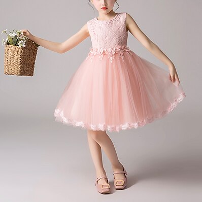billiga Flickkläder-barn små flickor klänning blommig spets fest prinsessa enfärgad kausal vit lila rodnad rosa mesh spets tyll söta söta klänningar 3-12 år