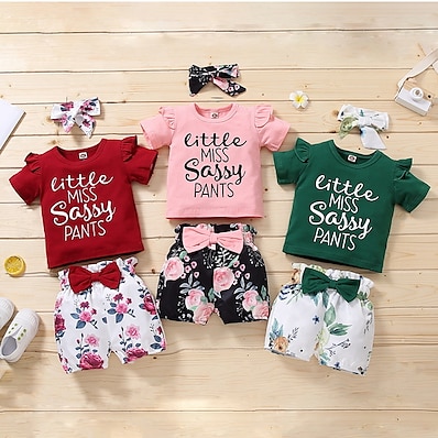 cheap Girls&#039; Clothing-Kids Girls&#039; T-shirt &amp; Shorts Clothing Set Short Sleeve 3 Pieces Green Pink Wine Rose Print Floral Letter Cotton Basic 1-5 Years / Summer