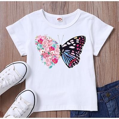 cheap Girls&#039; Clothing-Kids Girls&#039; T shirt Tee Short Sleeve Graphic White Black Children Tops Summer Basic Daily Wear