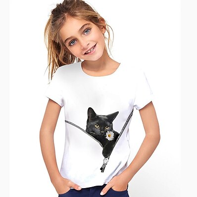 cheap Girls&#039; Clothing-Kids Girls&#039; T shirt Short Sleeve White 3D Print Cat Print Cat Graphic Animal Daily Wear Active 4-12 Years / Summer
