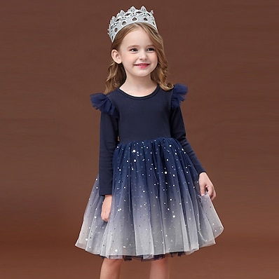 cheap Girls&#039; Clothing-Kids Little Dress Girls&#039; Sequin Party Birthday Daily Tulle Dress Navy Blue Knee-length Tulle Long Sleeve Princess Sweet Dresses 4-13 Years