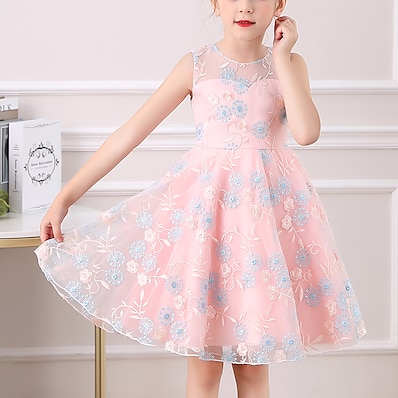 cheap Girls&#039; Clothing-Kids Little Dress Girls&#039; Floral Daily Vacation Embroidered Mesh Pink Yellow Knee-length Sleeveless Princess Cute Dresses Summer Children&#039;s Day Regular Fit 4-13 Years
