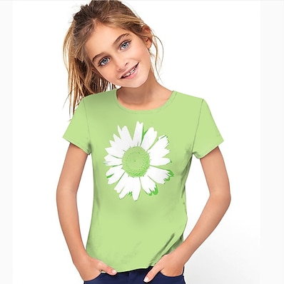 cheap Girls&#039; Clothing-Kids Girls&#039; T shirt Short Sleeve Daisy Floral Green Children Tops Summer Active Daily Wear Regular Fit 4-12 Years