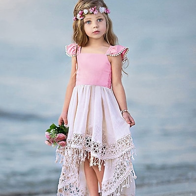 저렴한 아동-아동 작은 드레스 여아 한 색상 태슬 파티 홀리데이 생일 비대칭 블러슁 핑크 면 민소매 휴가 프린세스 귀여운 스타일 드레스 여름 / 비치 / 단 / 보호