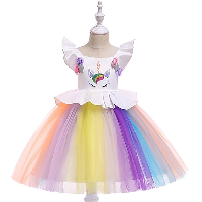 cheap Girls&#039; Clothing-Kids Little Girls&#039; Dress Patchwork Graphic Special Occasion A Line Dress Mesh Rainbow Midi Tulle Sleeveless Princess Sweet Dresses Summer Regular Fit 3-10 Years