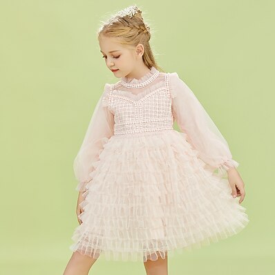 cheap Girls&#039; Clothing-Kids Little Girls&#039; Dress Solid Colored Blushing Pink White Knee-length Tulle Long Sleeve Princess Sweet Dresses 4-13 Years