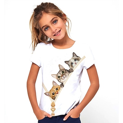 cheap Girls&#039; Clothing-Kids Girls&#039; T shirt Short Sleeve White 3D Print Cat Print Cat Graphic Daily Wear Active 4-12 Years / Summer