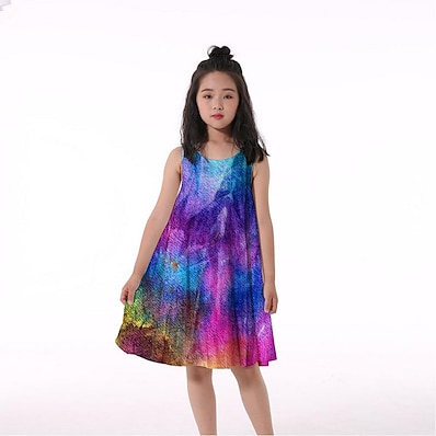 cheap Girls&#039; Clothing-Kids Little Girls&#039; Dress Tie Dye Tank Dress Ruched Print Rainbow Knee-length Sleeveless 3D Print Dresses Spring &amp; Summer Loose 4-13 Years