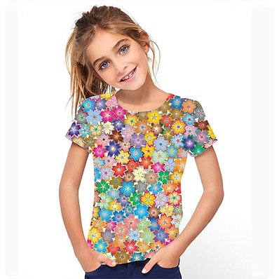 cheap Girls&#039; Clothing-Kids Girls&#039; T shirt Tee Short Sleeve 3D Print Graphic Rainbow Children Tops Spring &amp; Summer Active 3-12 Years