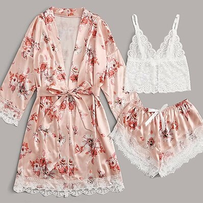 cheap Women&#039;s Sleep &amp; Lounge-Women&#039;s 3 Pieces Pajamas Sets Satin Casual Comfort Lace Floral Imitated Silk Home Party Daily V Neck Gift Strap Top Long Sleeve Vintage Style Printing Shorts Spring Summer Belt Included Pink