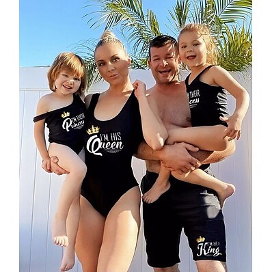 cheap Kids-Family Look Swimwear Graphic Print Black Matching Outfits / Summer
