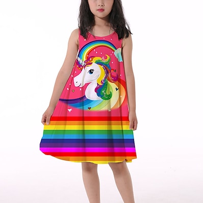 cheap Girls&#039; Clothing-Kids Little Girls&#039; Dress Unicorn Rainbow Unicorn Print Red Knee-length Sleeveless Flower Active Dresses Summer Regular Fit 3-10 Years