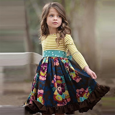 저렴한 아동-아동 작은 드레스 여아 플로럴 네이비 블루 무릎길이 면 긴 소매 귀여운 스타일 드레스 보통