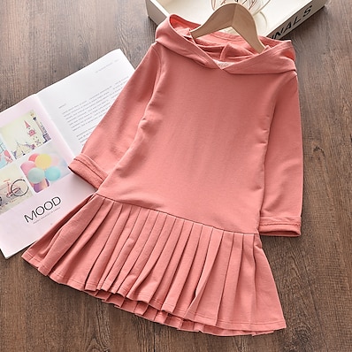 cheap Girls&#039; Clothing-Kids Little Girls&#039; Dress Solid Colored Rabbit School Ruched Blushing Pink Knee-length 100% Cotton Long Sleeve Cute Sweet Dresses Autumn / Fall Spring Loose 2-6 Years