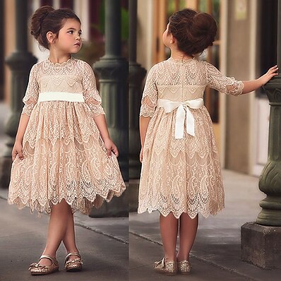 저렴한 아동-아동 작은 드레스 여아 컬러 블럭 레이스 화이트 골드 루비 무릎 위 반 소매 드레스 2 ~ 8 년