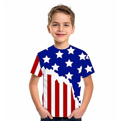 billiga Pojkkläder-Barn Pojkar T-shirt Kortärmad amerikanska flaggan 3D-tryck Grafisk Flagga Tryck Blå Barn Blast Sommar Aktiv Dagliga kläder Normal 4-12 år