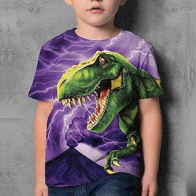저렴한 아동-아동 남아 T 셔츠 짧은 소매 퍼플 3D 인쇄 공룡 프린트 공룡 동물 일상복 활동적 4-12 세 / 여름