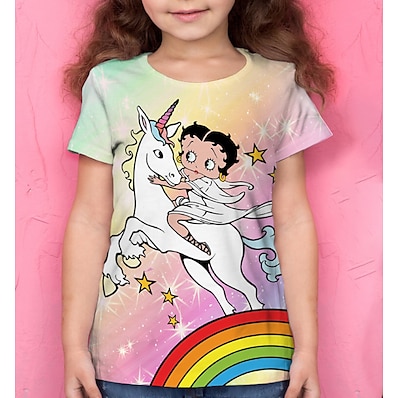 cheap Girls&#039; Clothing-Kids Girls&#039; T shirt Short Sleeve Unicorn 3D Print Rainbow Animal Print Rainbow Children Tops Summer Active Daily Wear Regular Fit 4-12 Years