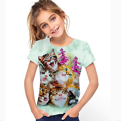 cheap Girls&#039; Clothing-Kids Girls&#039; T shirt Short Sleeve Light Green 3D Print Cat Print Floral Animal Daily Wear Active 4-12 Years / Summer