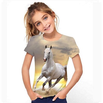 cheap Girls&#039; Clothing-Kids Girls&#039; T shirt Tee Short Sleeve Black 3D Print Horse Graphic Animal School Active Baby