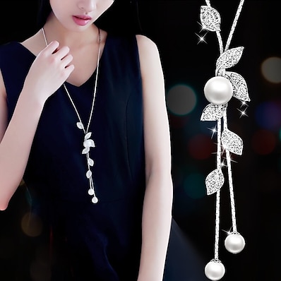 cheap Women&#039;s Jewelry-tassels long sweater chain necklace women fashion diamond leaves simple pearls necklace