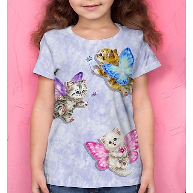 cheap Girls&#039; Clothing-Kids Girls&#039; T shirt Short Sleeve Blue 3D Print Cat Print Animal Daily Wear Active 4-12 Years / Summer