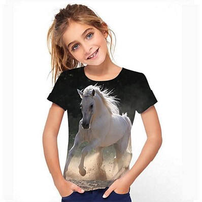 cheap Girls&#039; Tees &amp; Blouses-Kids Girls&#039; T shirt Tee Short Sleeve Horse 3D Print Graphic Animal Black Children Tops Spring &amp; Summer Active School 3-12 Years