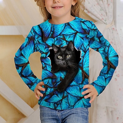 cheap Girls&#039; Clothing-Kids Boys&#039; Girls&#039; T shirt Tee Long Sleeve Blue Black 3D Print Cat Print Animal School Daily Wear Active 4-12 Years / Fall