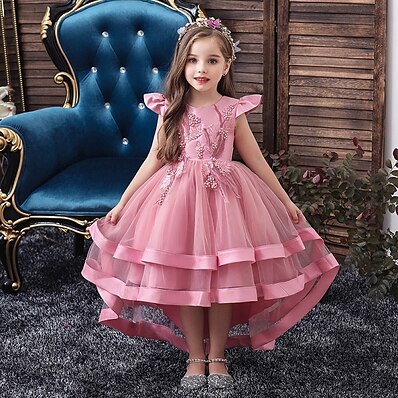 cheap Girls&#039; Clothing-Kids Little Girls&#039; Dress Solid Colored Layered Dress Wedding Party Beaded Embroidered Layered Blushing Pink Wine Khaki Asymmetrical Short Sleeve Active Sweet Dresses New Year Slim 3-12 Years
