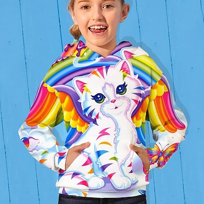 cheap Girls&#039; Clothing-Kids Girls&#039; Hoodie &amp; Sweatshirt Long Sleeve Rainbow 3D Print Cat Print Cat Animal School Daily Wear Active 3-13 Years / Fall