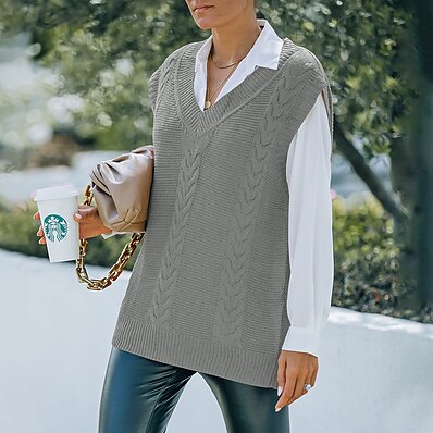 cheap Knit Tops-Women&#039;s Vest Solid Color Classic Style Basic Casual Sleeveless Regular Fit Sweater Cardigans Fall Winter V Neck Original white Light embroidery Silver Gray / Holiday