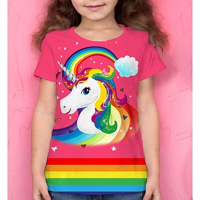 cheap Girls&#039; Clothing-Kids Girls&#039; T shirt Tee Short Sleeve 3D Print Unicorn Print Rainbow Animal Purple Pink Rainbow Children Tops Active Summer School Daily Wear Regular Fit 4-12 Years