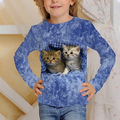 cheap Girls&#039; Clothing-Kids Boys&#039; Girls&#039; T shirt Tee Long Sleeve Blue Gray 3D Print Cat Print Animal School Daily Wear Active 4-12 Years / Fall