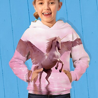 cheap Girls&#039; Clothing-Kids Girls&#039; Hoodie &amp; Sweatshirt Long Sleeve Unicorn Animal Print Blush Children Tops Fall Active Daily Wear Regular Fit 4-12 Years