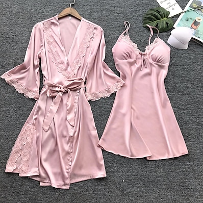 cheap Women&#039;s Sleep &amp; Lounge-Women&#039;s 2 Pieces Pajamas Sets Satin Casual Comfort Patchwork Jacquard Silk Home Party Deep V Gift # Mesh Lace Spring Summer Belt Included Pink Khaki / Super Sexy / Bow / Strap