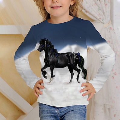 cheap Girls&#039; Clothing-Kids Boys&#039; Girls&#039; T shirt Tee Long Sleeve White Navy Blue 3D Print Horse Print Animal Daily Wear Active 4-12 Years