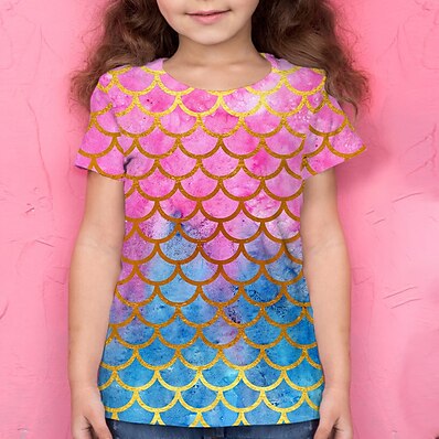 cheap Girls&#039; Tees &amp; Blouses-Kids Girls&#039; T shirt Short Sleeve Blushing Pink 3D Print Mermaid Tail Print Animal Daily Wear Active 4-12 Years / Summer