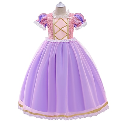 cheap Girls&#039; Clothing-Kids Little Girls&#039; Dress Sequin Lace Trims Purple Blushing Pink Midi Short Sleeve Cute Dresses Children&#039;s Day Slim 3-10 Years