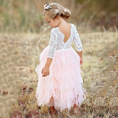 abordables Enfant-enfants petites filles fête rose princesse fleur dentelle festonnée tulle dos dos nu tutu bords supérieurs robe de fille à plusieurs niveaux