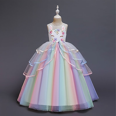 Χαμηλού Κόστους Ρούχα για Κορίτσια-παιδική φορεσιά κορίτσια φορεσιά πάρτι πριγκίπισσα μονόκερος ουράνιο τόξο λουλούδι χρώμα μπλουζάκι τούλι φόρεμα γενεθλίων στρωματισμένη λευκή κοκκινίλα ροζ κοκκινωπό αμάνικο πριγκίπισσα γλυκά