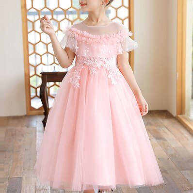 cheap Girls&#039; Clothing-Kids Little Girls&#039; Dress Floral Wedding Birthday Party Layered Dress Embroidered Mesh Lace Purple Blushing Pink Gold Maxi Short Sleeve Princess Sweet Dresses Summer Regular Fit 4-13 Years