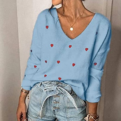cheap Knit Tops-Women&#039;s Sweater Pullover LOVE Casual Long Sleeve Sweater Cardigans V Neck Blue White Black