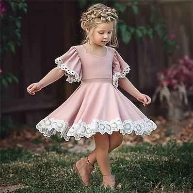 hesapli Kız Çocuk Kıyafetleri-Çocuklar için Küçük Genç Kız Elbise Tek Renk Çiçek Okul Dantel Karpuz Kol Mor Doğal Pembe Yonca Pamuklu Kısa Kollu sevimli Stil Tatlı Elbiseler Yaz 2-12 Yıl