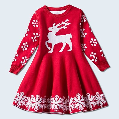 cheap Girls&#039; Clothing-Kids Little Girls&#039; Dress Animal Deer Sweater Jumper Dress Print Red Navy Blue Midi Long Sleeve Casual Princess Dresses Fall Winter Regular Fit 2-8 Years