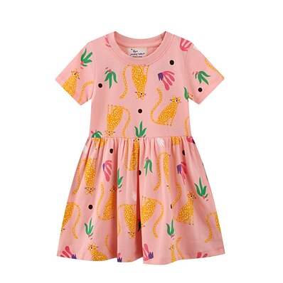 cheap Girls&#039; Clothing-Kids Little Girls&#039; Dress Animal Cat Print Pink Knee-length Cotton Short Sleeve Basic Dresses Summer Regular Fit 3-10 Years