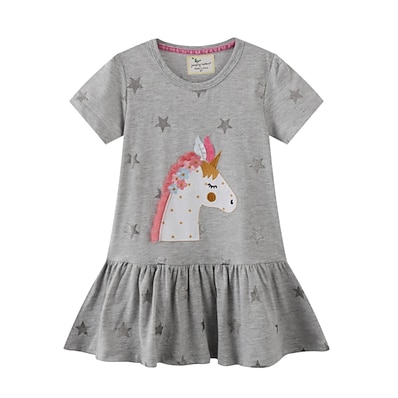 cheap Girls&#039; Clothing-Kids Little Girls&#039; Dress Animal Unicorn Print Gray Knee-length Cotton Short Sleeve Basic Dresses Summer Regular Fit 3-10 Years