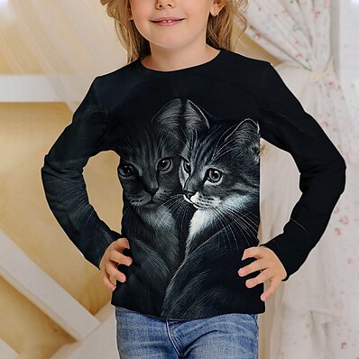 cheap Girls&#039; Clothing-Kids Boys&#039; Girls&#039; T shirt Long Sleeve Gray Black 3D Print Cat Print Animal School Daily Wear Active 4-12 Years / Fall